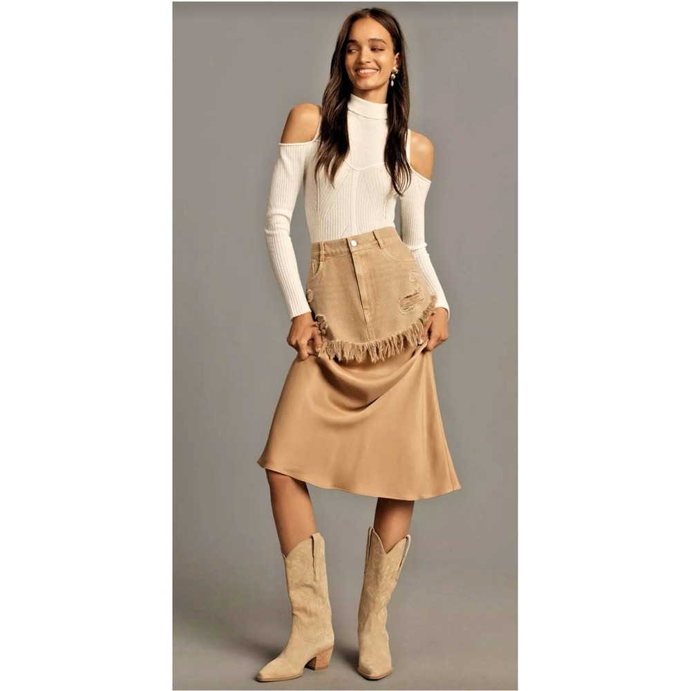 Anthropologie Pilcro Women Size 16 Twofer Slip Midi Skirt Sand Fringed Cowgirl